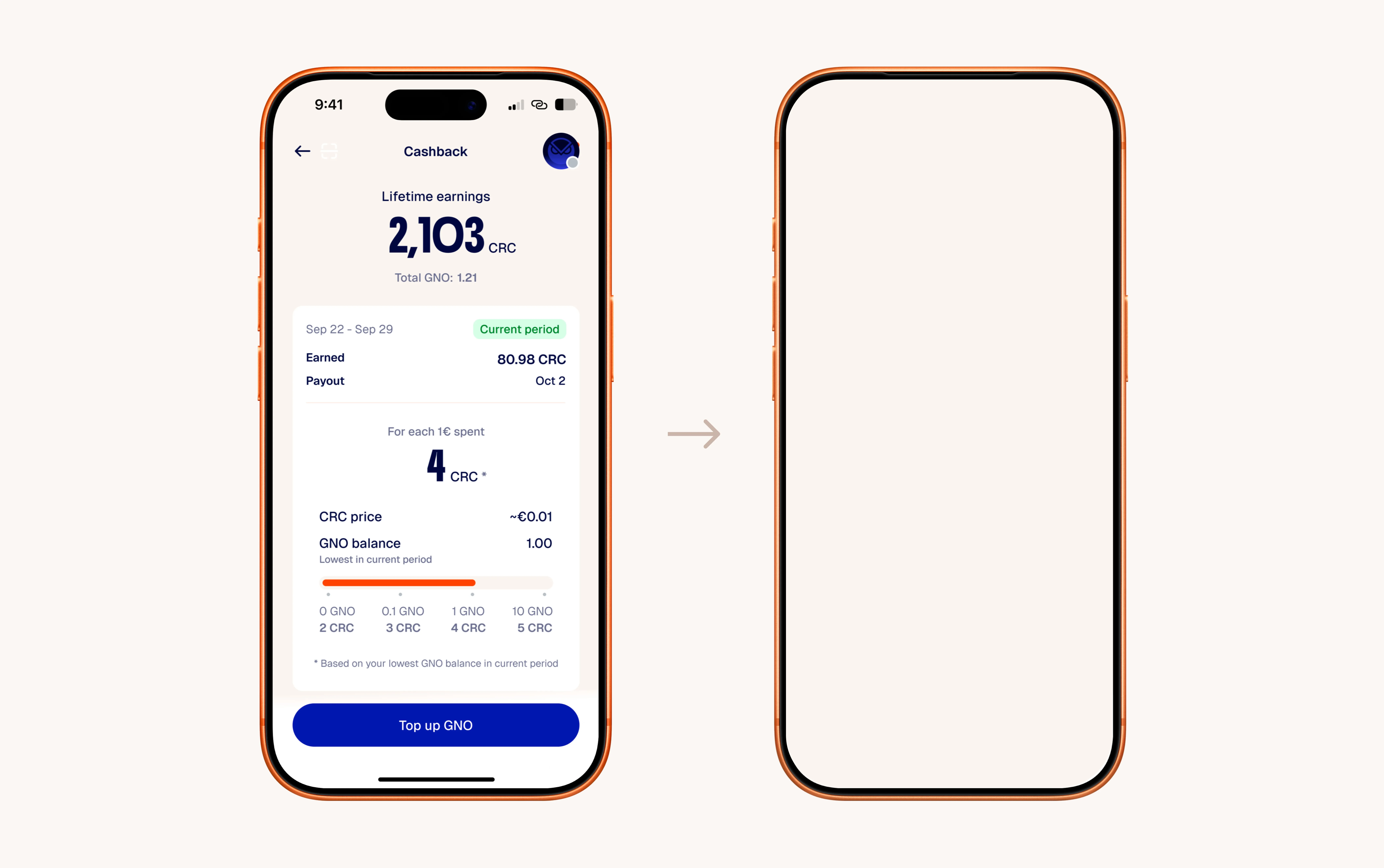 The Cashback screen before the redesign, with an arrow pointing to the redesigned Card rewards screen
