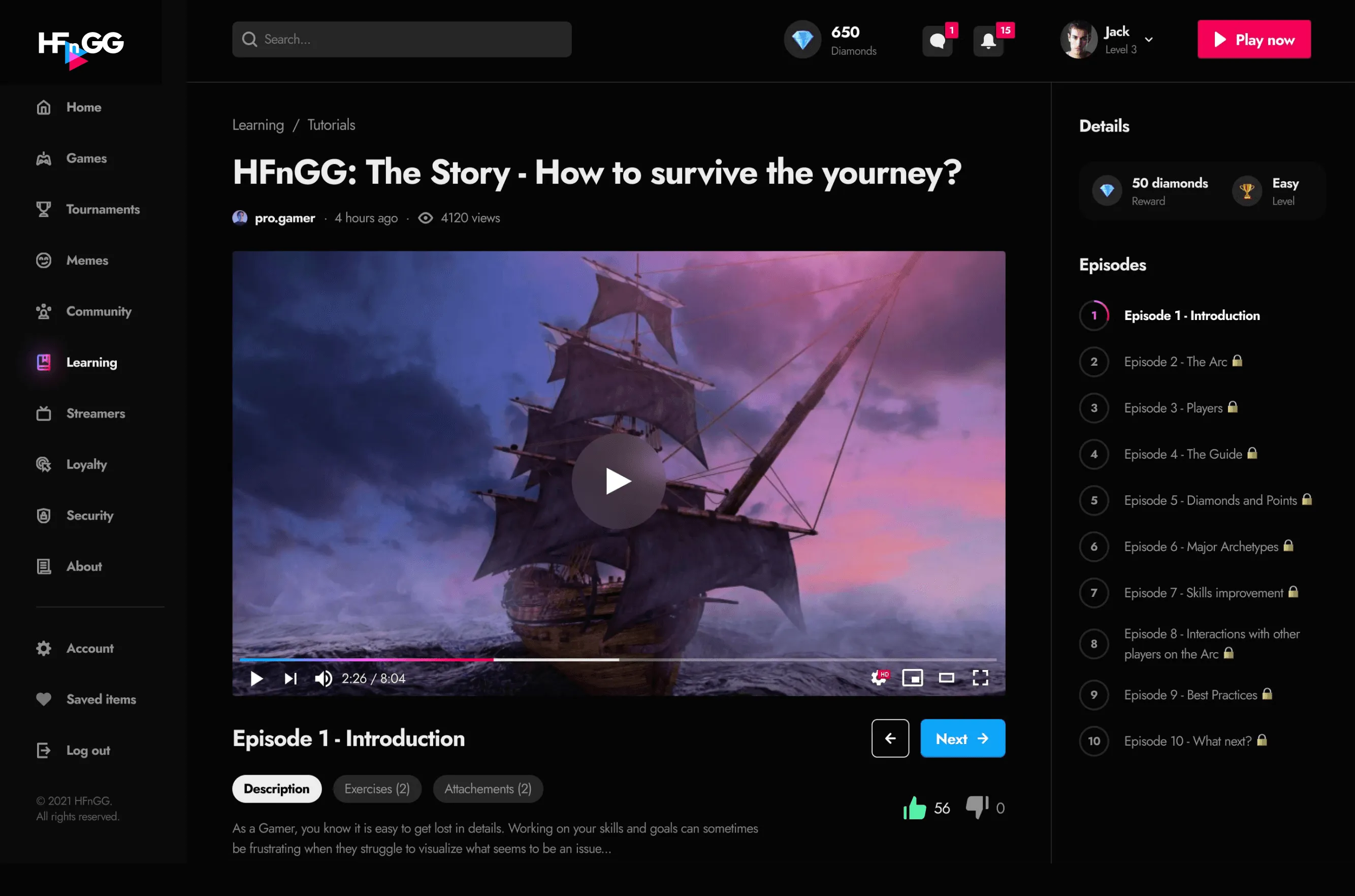 Course page with a video player and an episode list