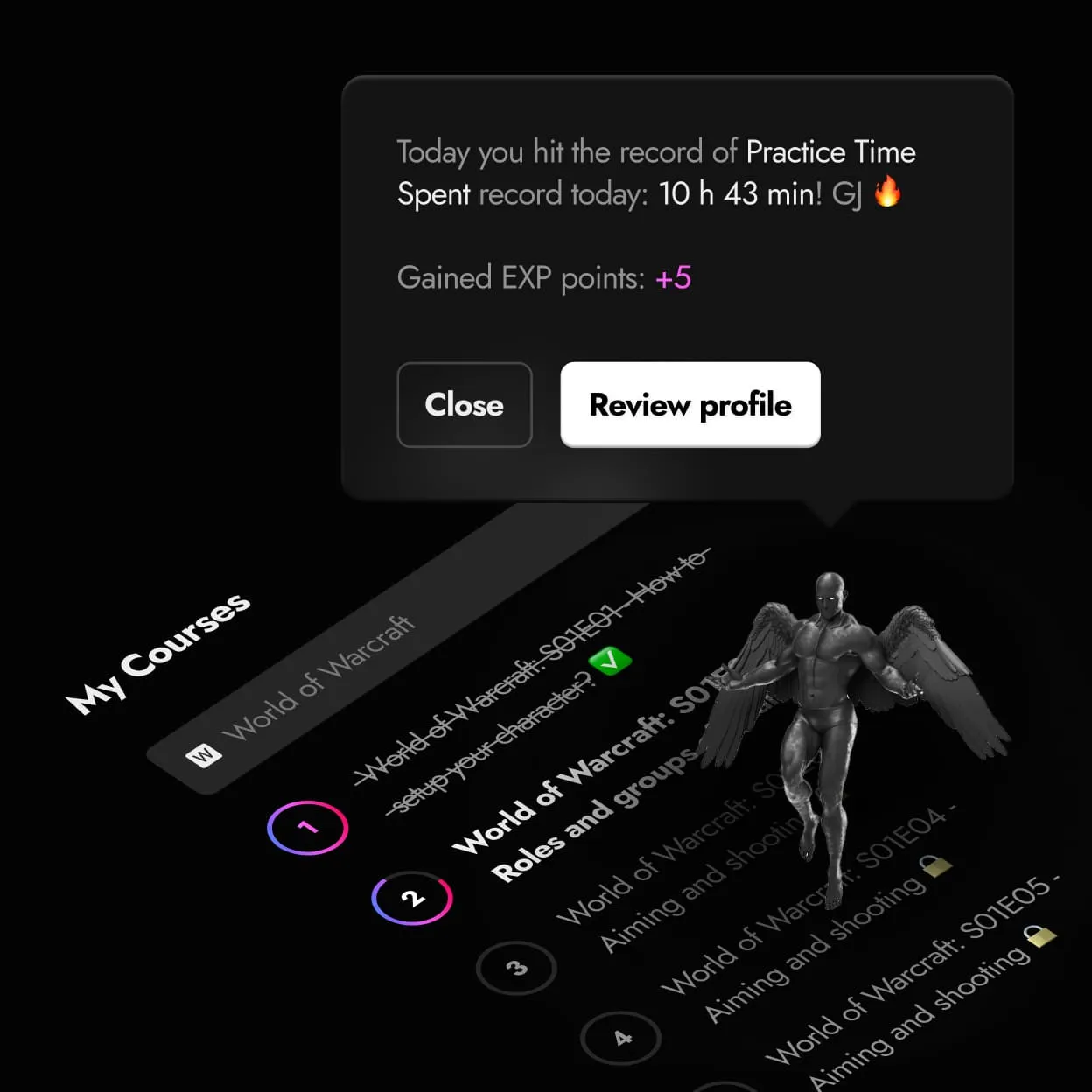 My Courses list with a tooltip announcing a practice time record