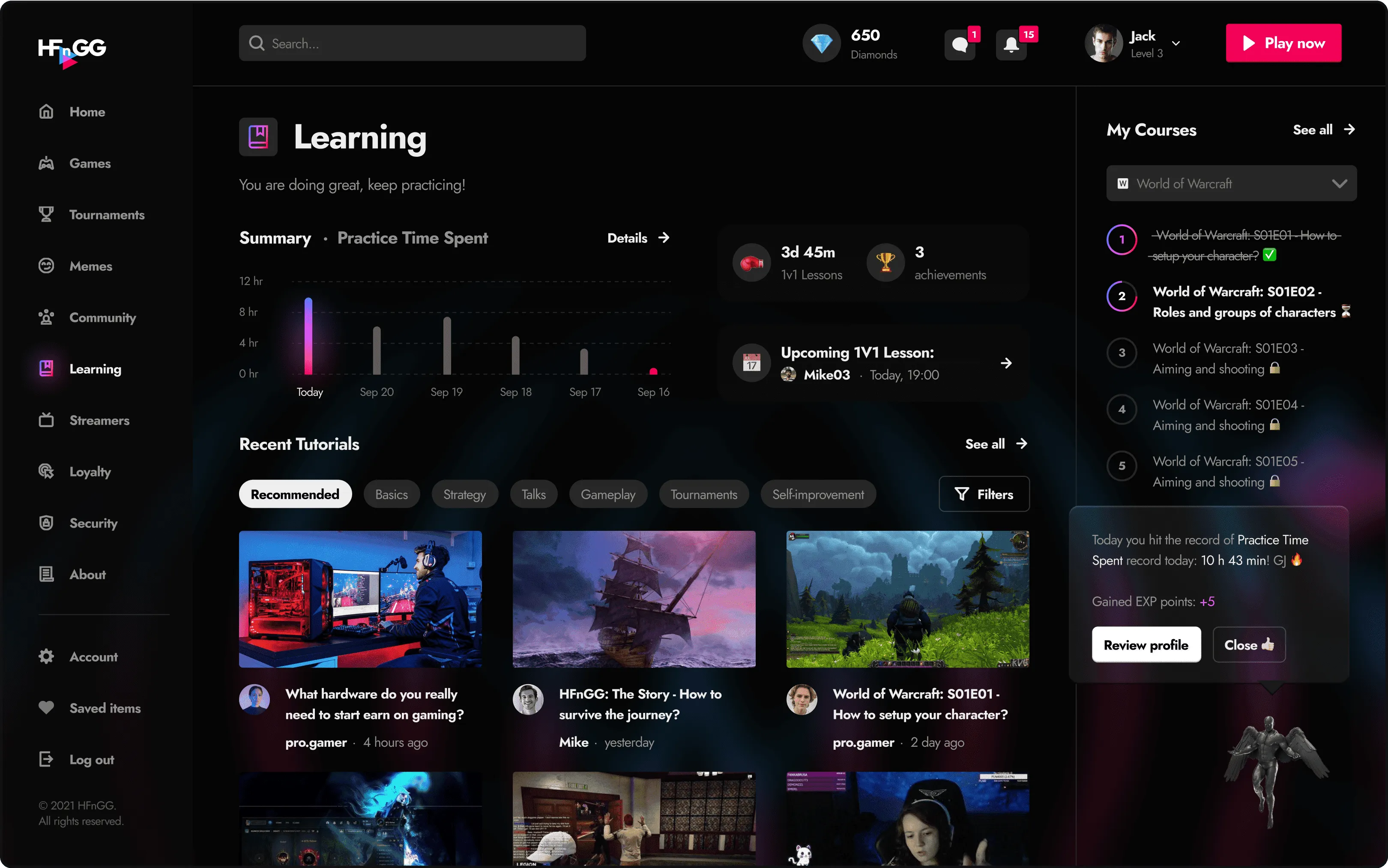 HFnGG learning dashboard with a practice time summary, recent tutorials and a course list