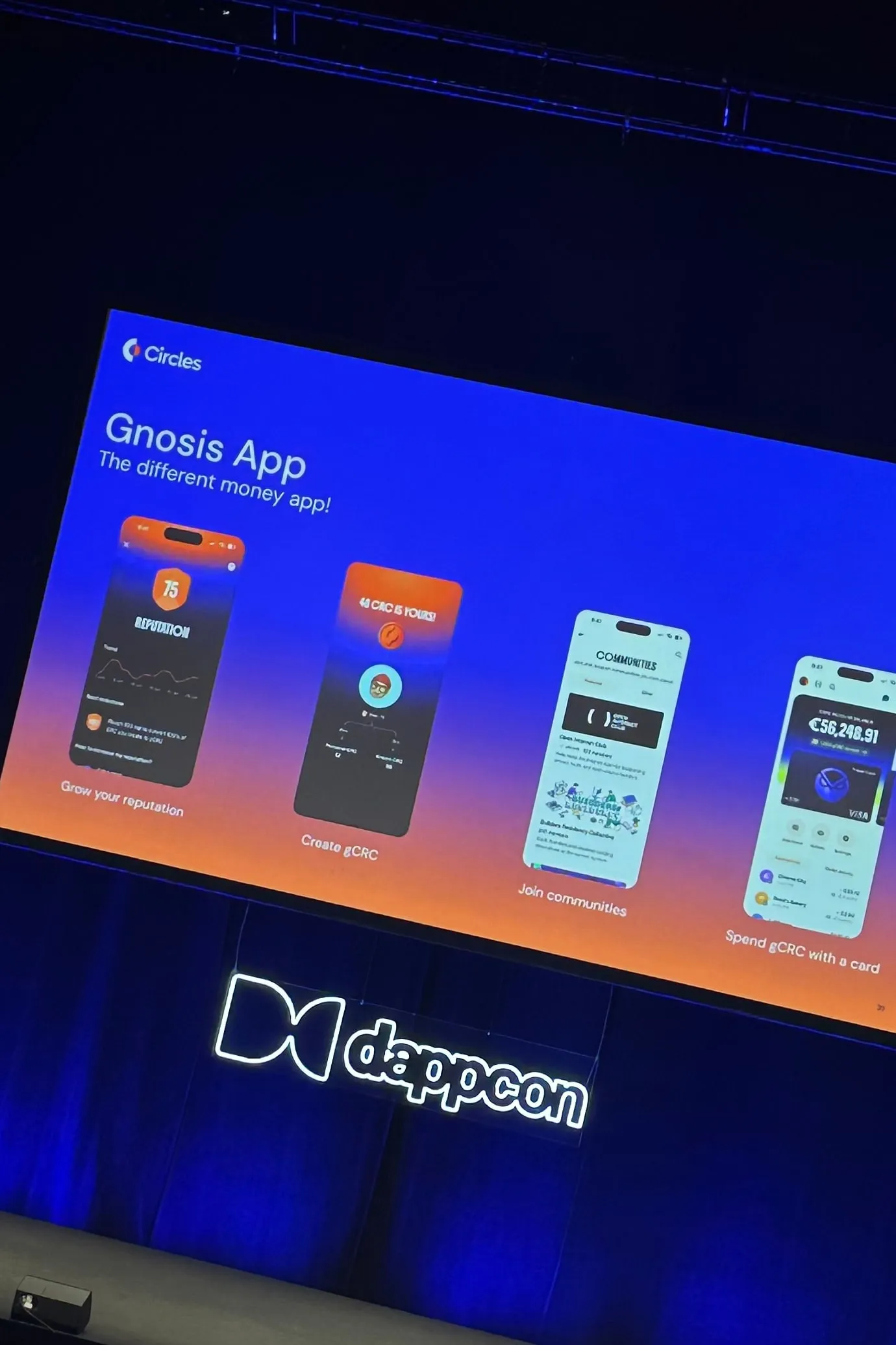 A Gnosis App slide on the screen above the DappCon stage: grow your reputation, create gCRC, join communities, spend gCRC with a card