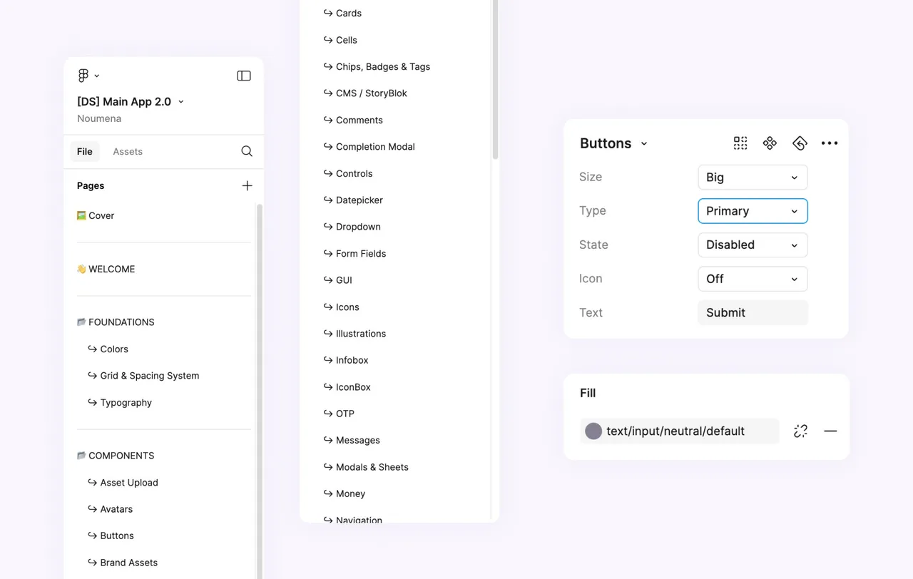 Figma file structure of the design system next to button component properties