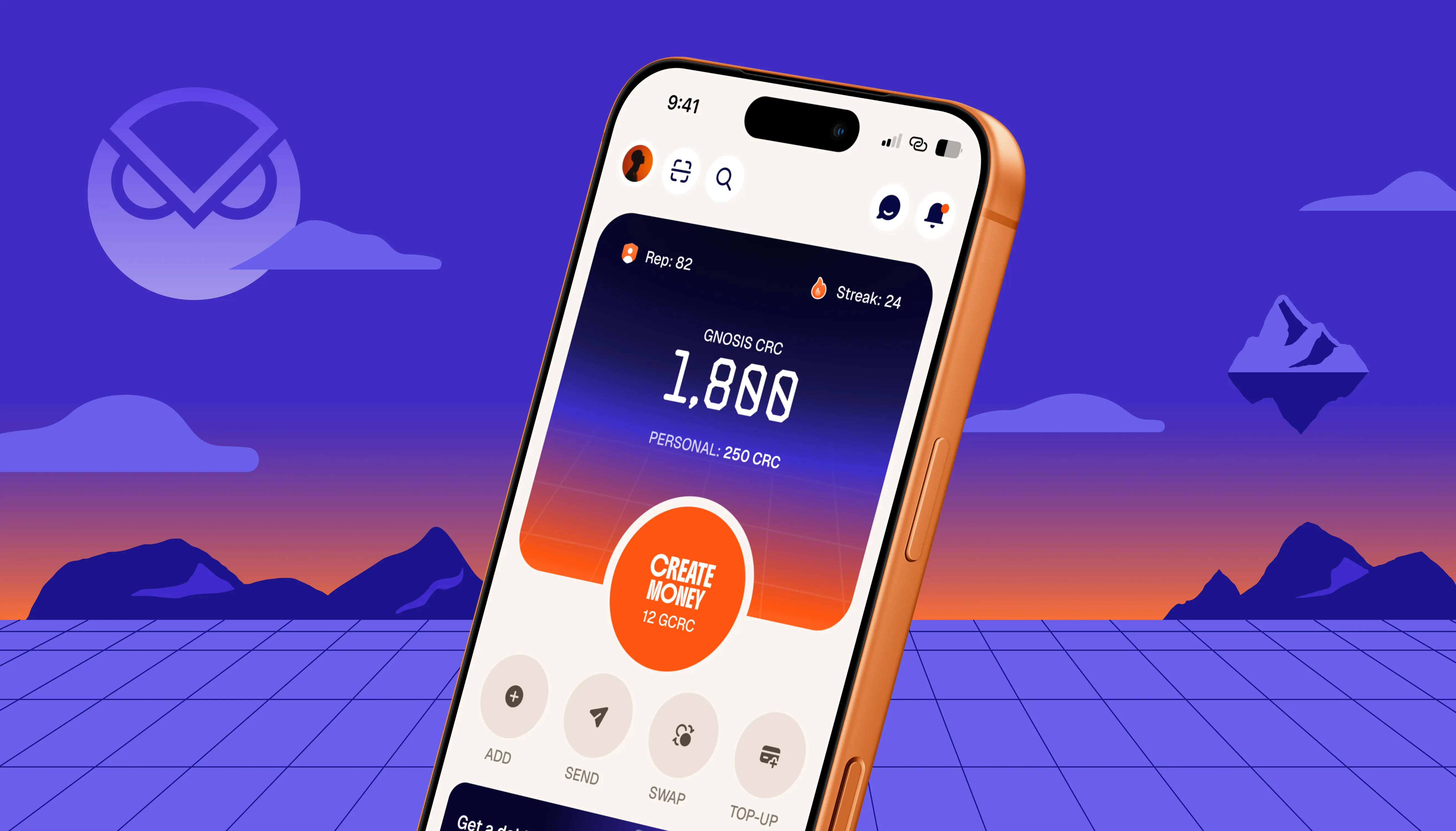 Gnosis App home screen on an orange iPhone over a purple landscape: a balance of 1,800 CRC and a Tap to create money button