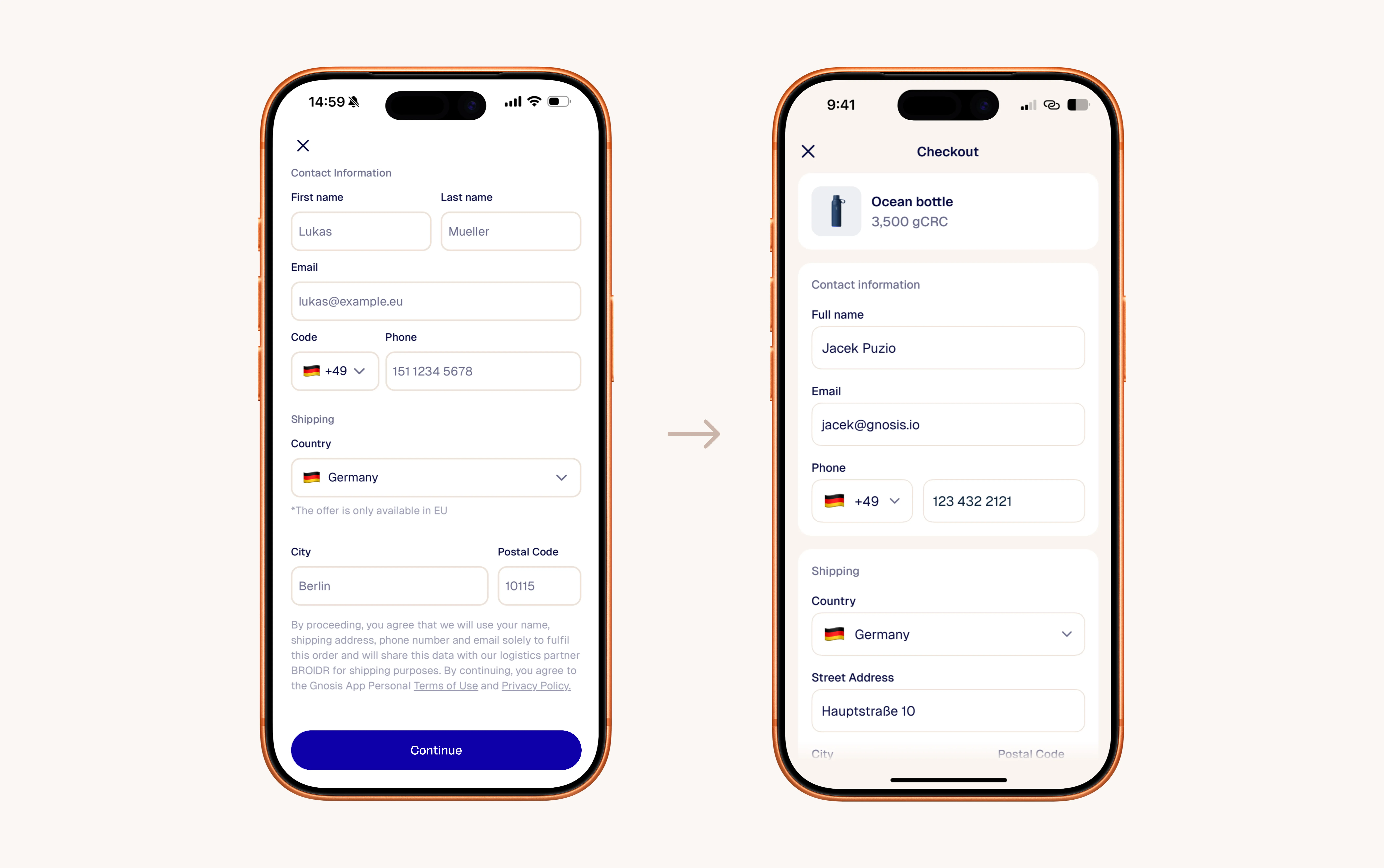 The checkout form before the redesign, with an arrow pointing to the redesigned checkout