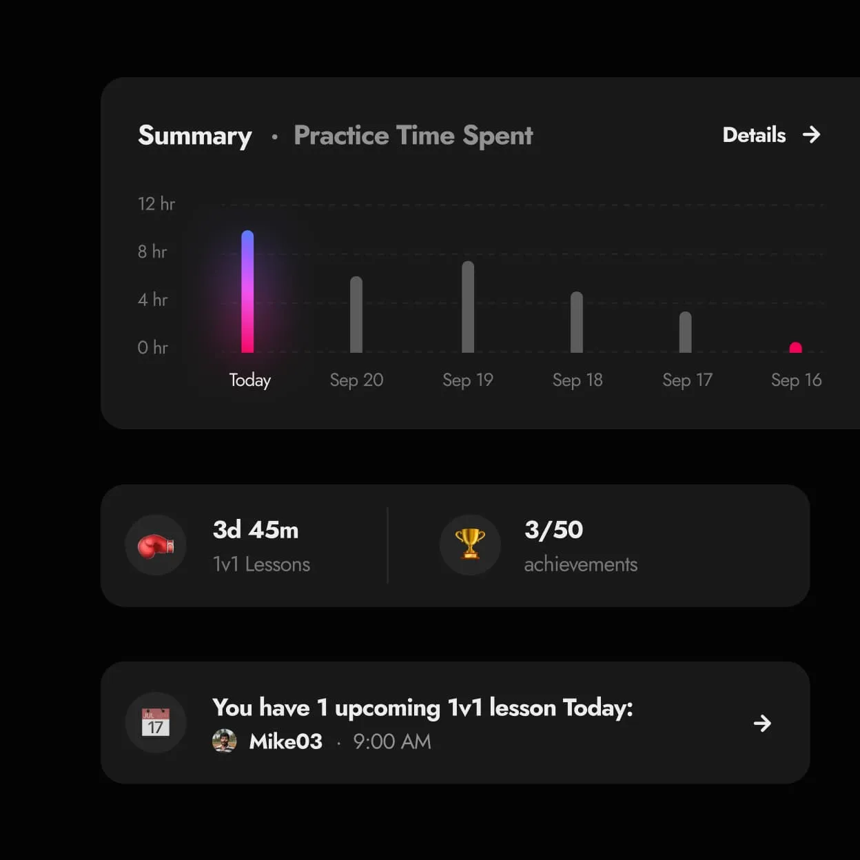 Practice time summary widget with lessons, achievements and an upcoming 1v1 lesson