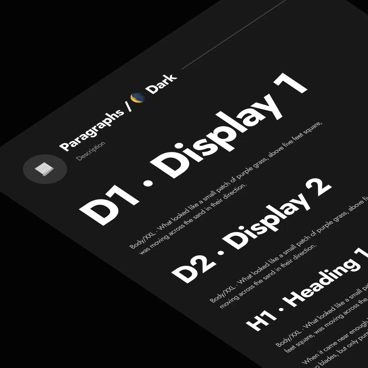 Dark theme typography styles: Display 1, Display 2 and Heading 1