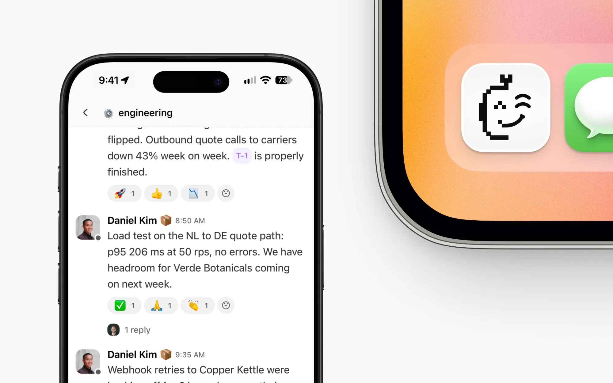 WeMachines on a phone, an engineering channel with reactions and a thread reply, next to the WeMachines app icon on a home screen
