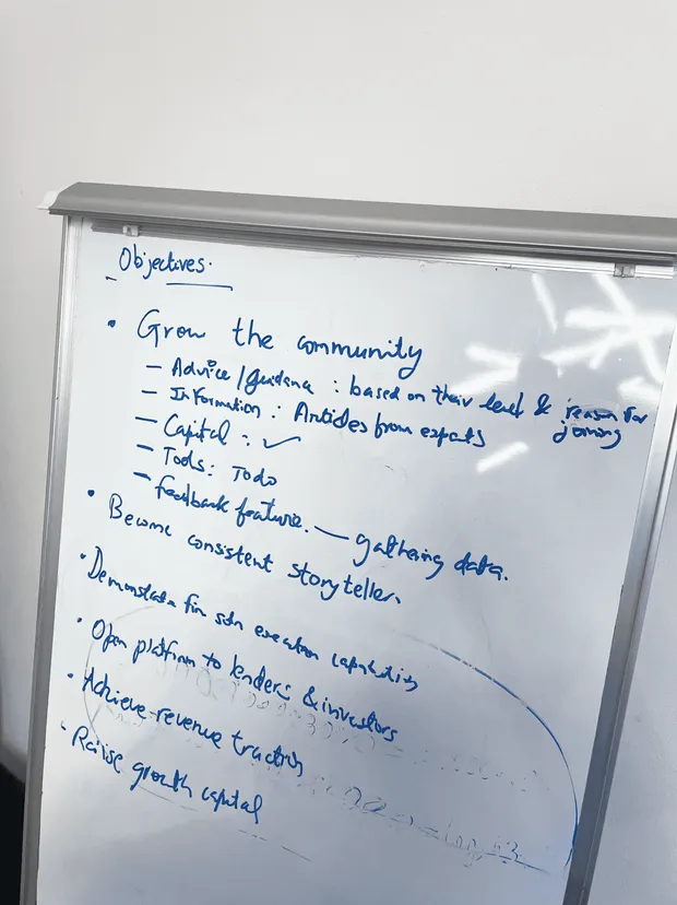 Whiteboard with handwritten product objectives