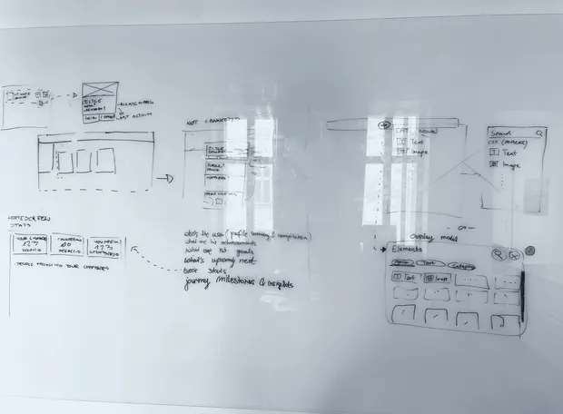 Whiteboard with hand-drawn wireframes
